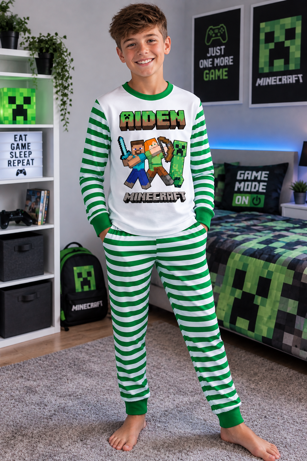 Personalised Minecraft Boys Pyjamas – Custom Name Kids PJs Ages 1–13